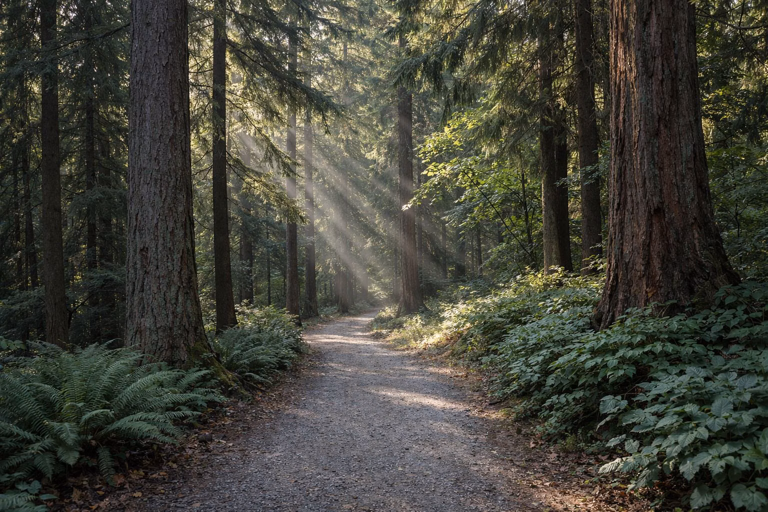Rows of tall, mature conifers of different species on a forested ridge, a gravel path between them, sun shafts