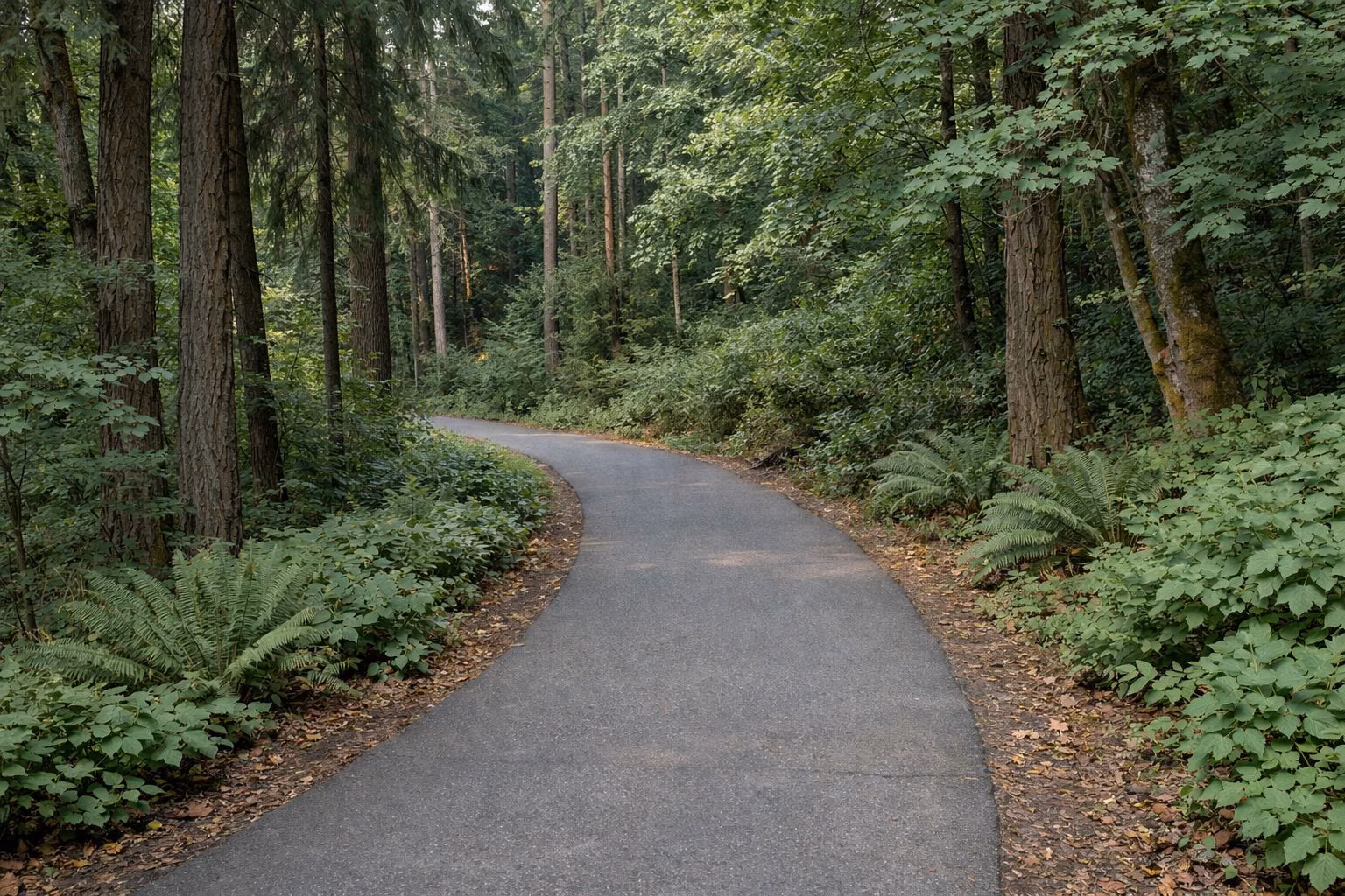 A smooth paved walking path curving gently through a shady forest of beech and oak trees, wide enough for a wheelchair, no people