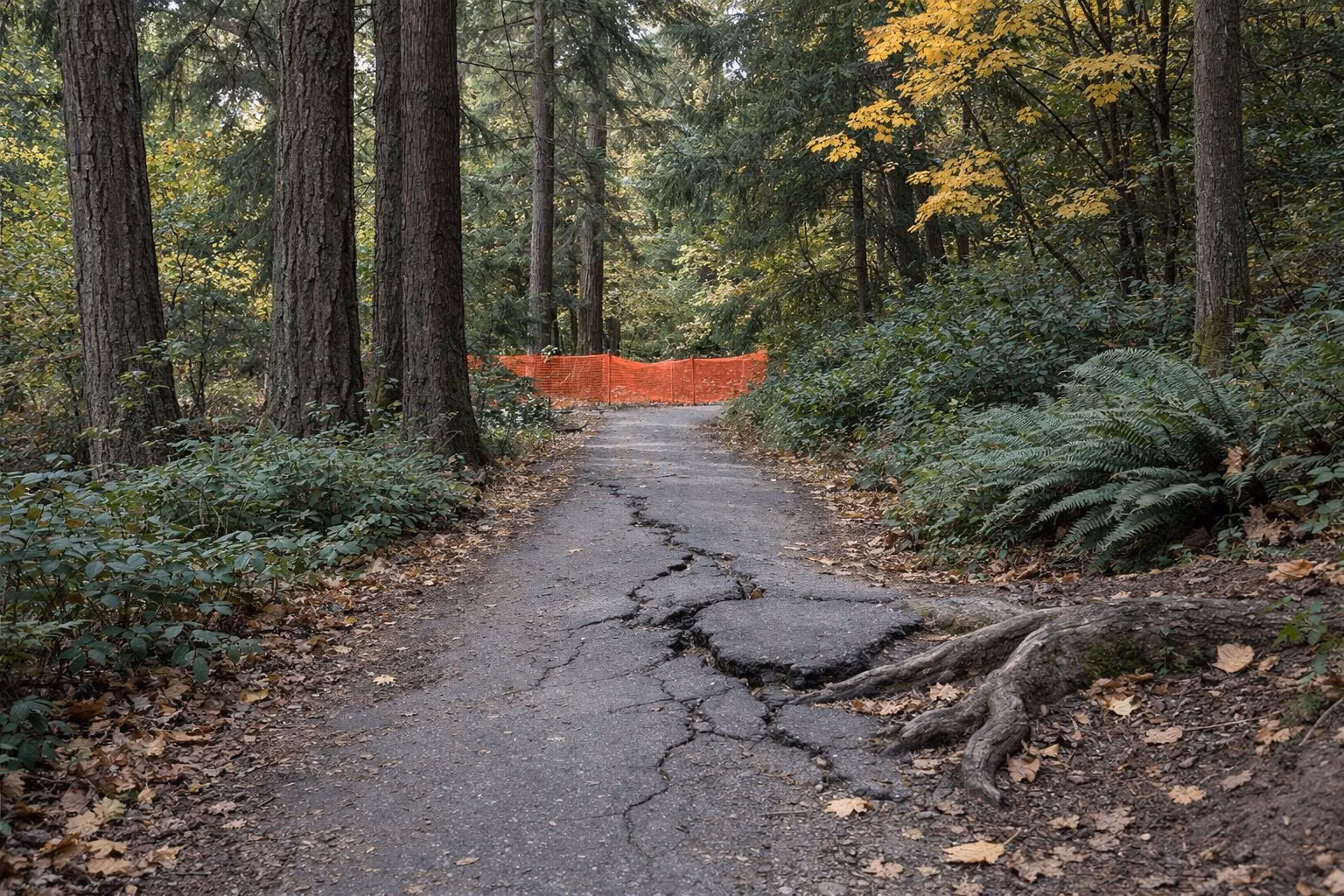 A narrow asphalt path through a quiet conifer forest, the pavement cracked and lifted by tree roots, temporary orange construction fencing in the background