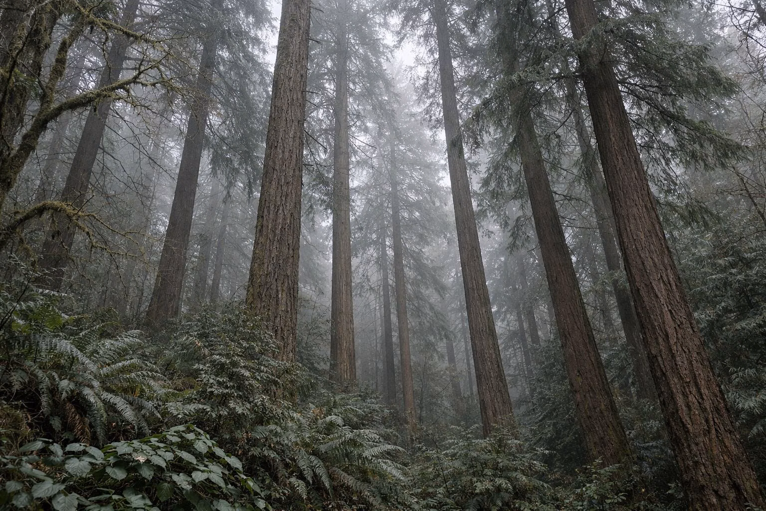 Tall Douglas-fir trunks in a misty forest, looking up slightly