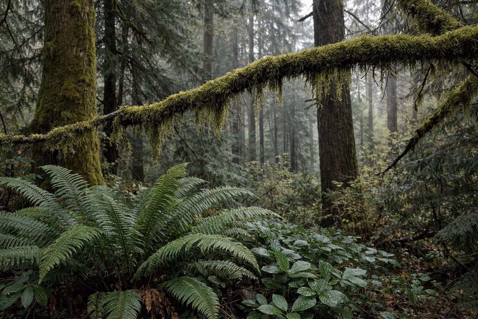 Moss-covered branches and fern fronds in a damp Pacific Northwest forest