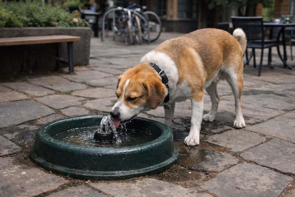 A dog drinking from a low outdoor dog water fountain on a stone courtyard