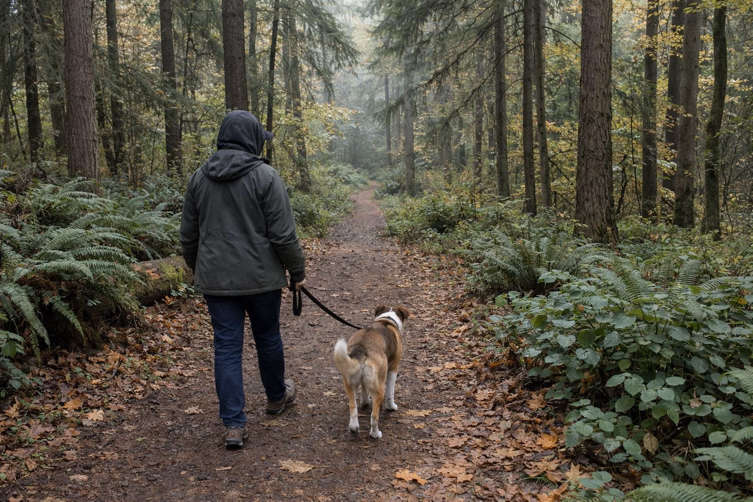 A person walking a leashed medium-size dog on a dirt forest trail among tall conifers