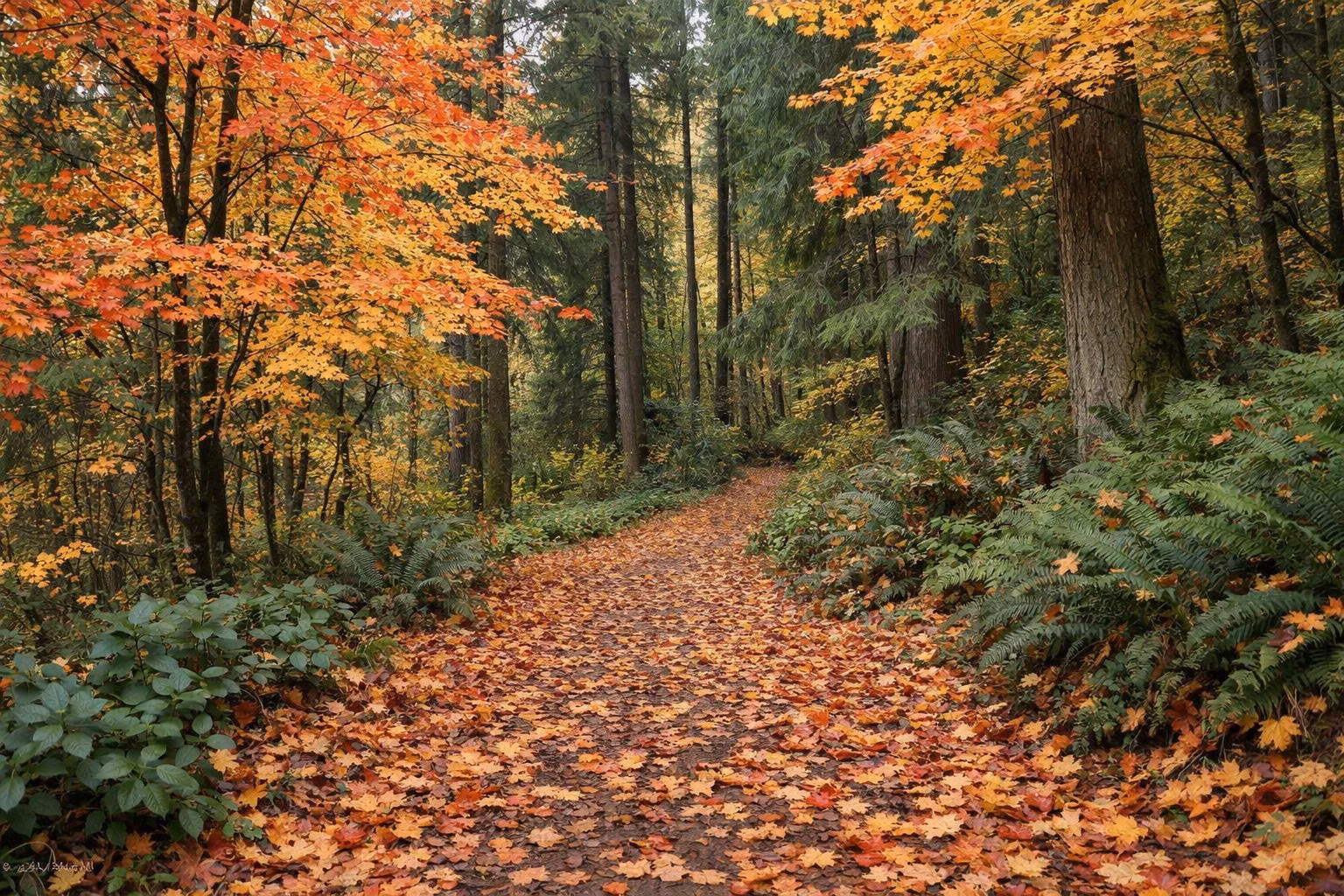 A forest trail lined with maples in vivid red, orange and yellow, fallen leaves covering the path, evergreens behind