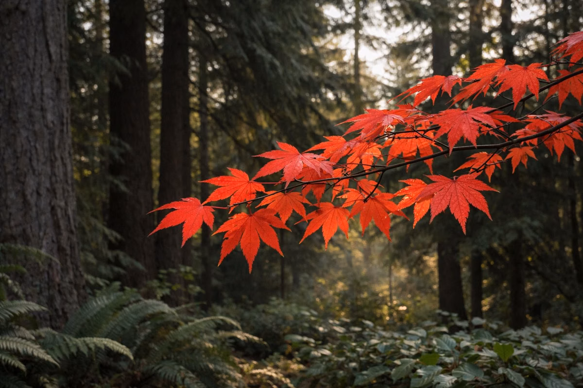 Close view of a red Japanese maple branch with backlit leaves against dark evergreen trees