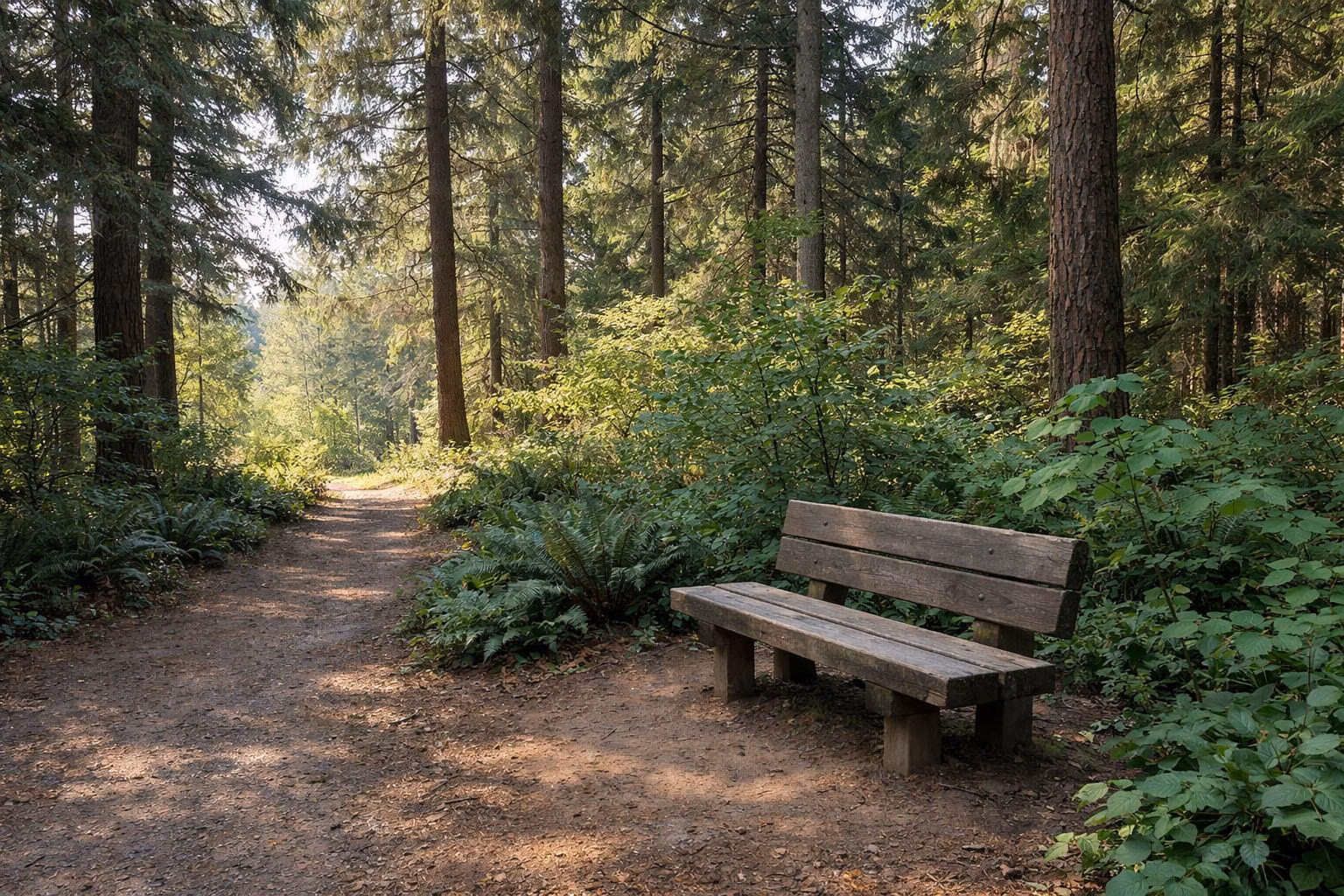 A sunlit forest clearing with a wooden bench beside a trail, conifers and young maples