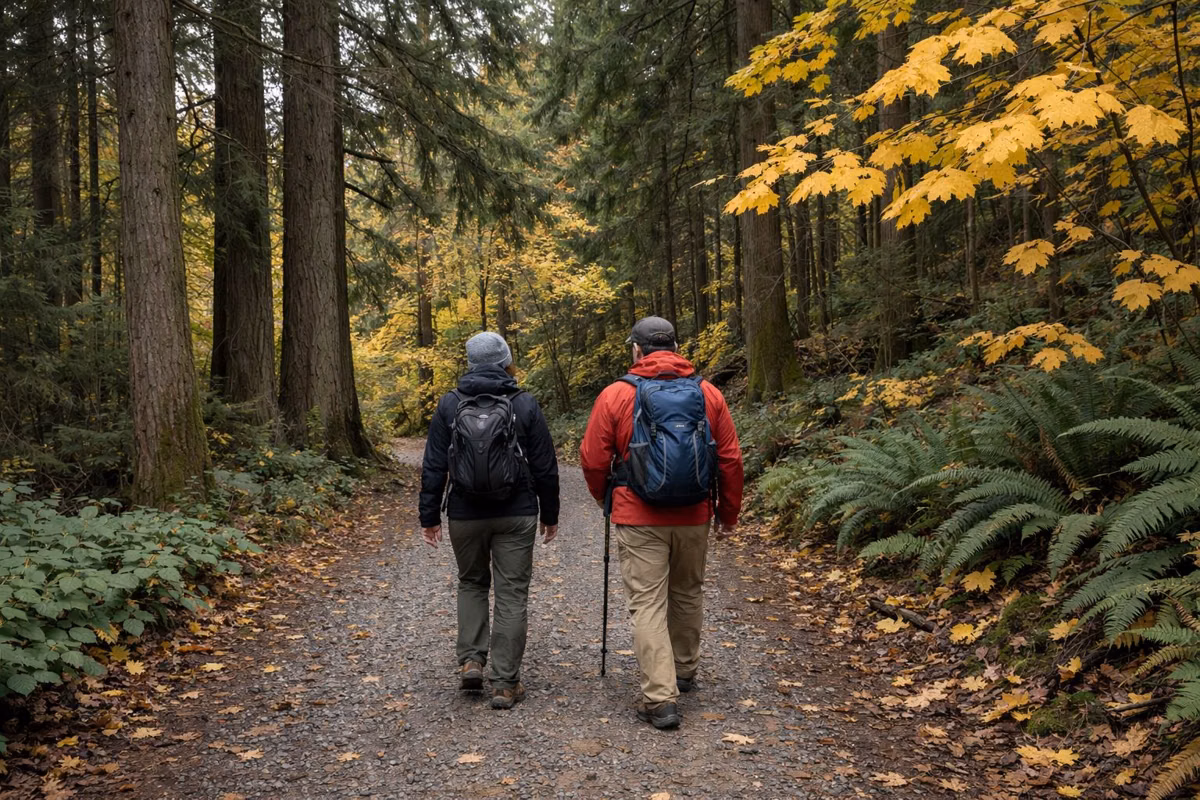 Two hikers seen from behind walking a gravel forest trail under tall firs and yellow bigleaf maples