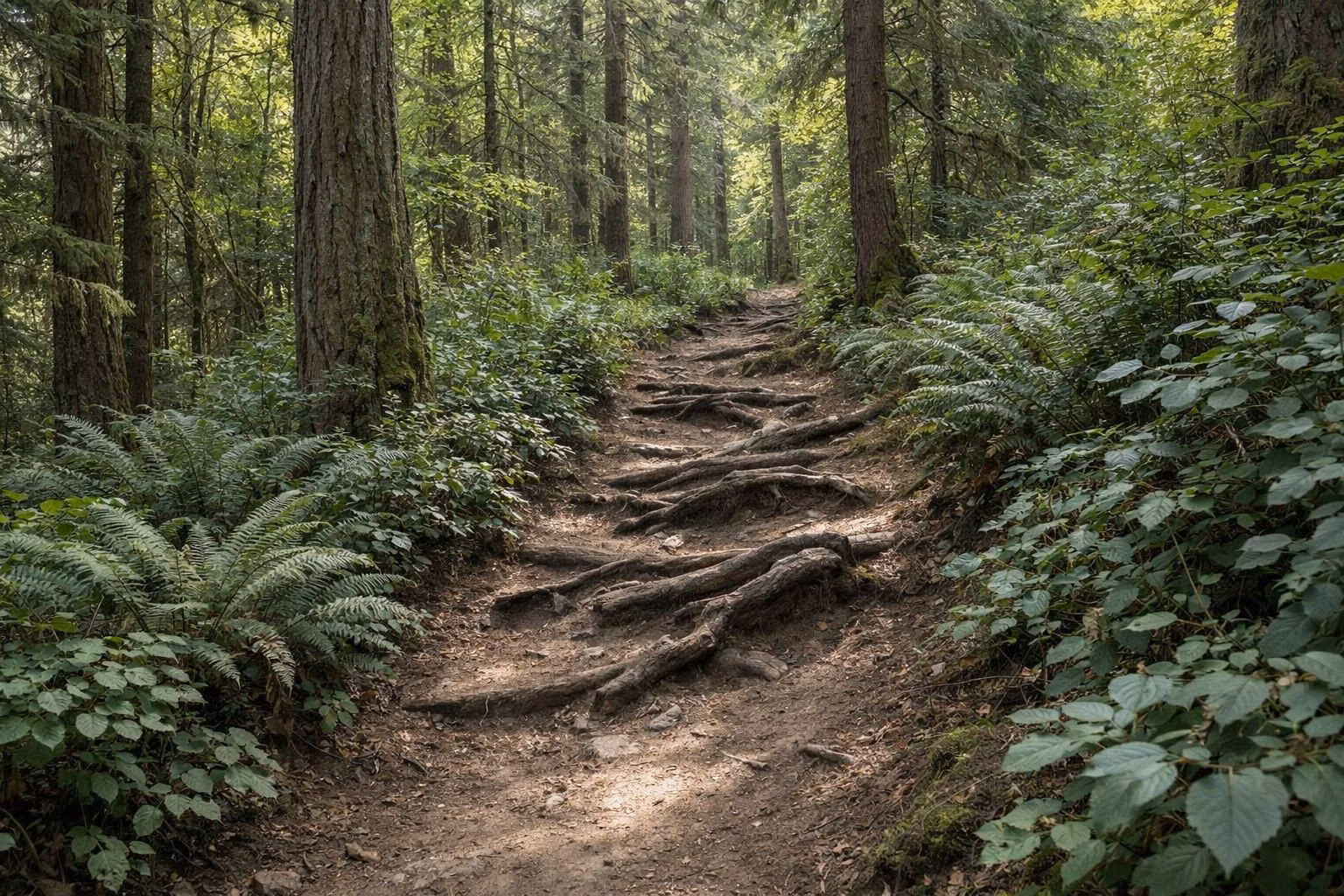 A narrow dirt hiking trail with exposed roots climbing gently through a dense fern-covered conifer forest