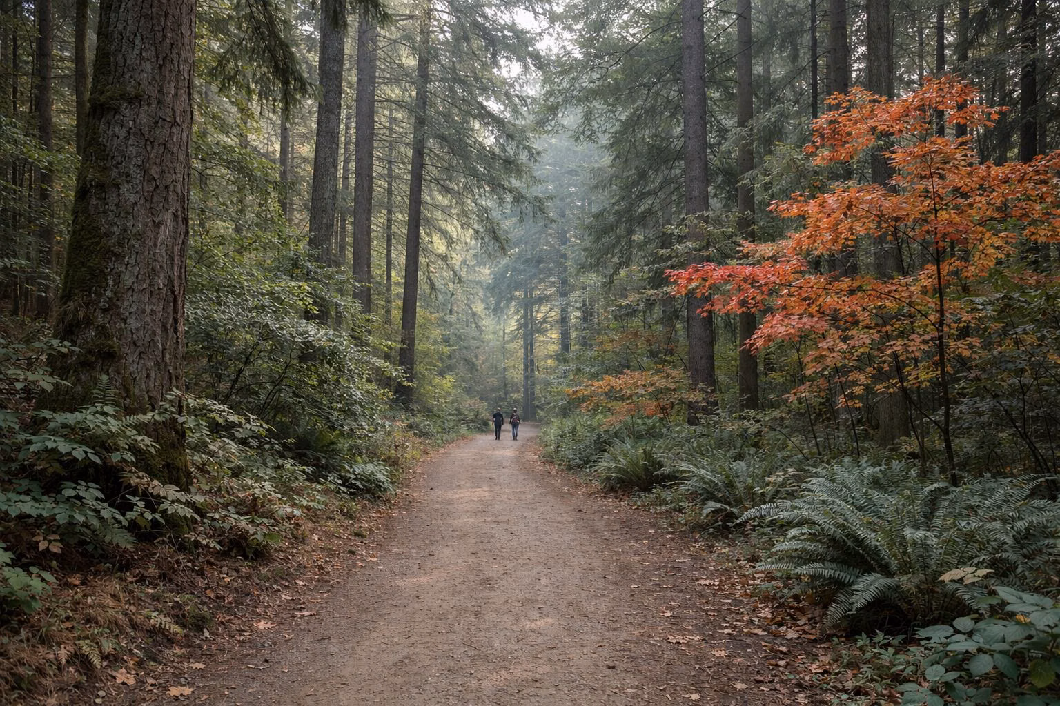 A wide packed-dirt trail winding through a tall mixed conifer forest with a few red and orange maples, soft light through the canopy, two distant walkers small on the path