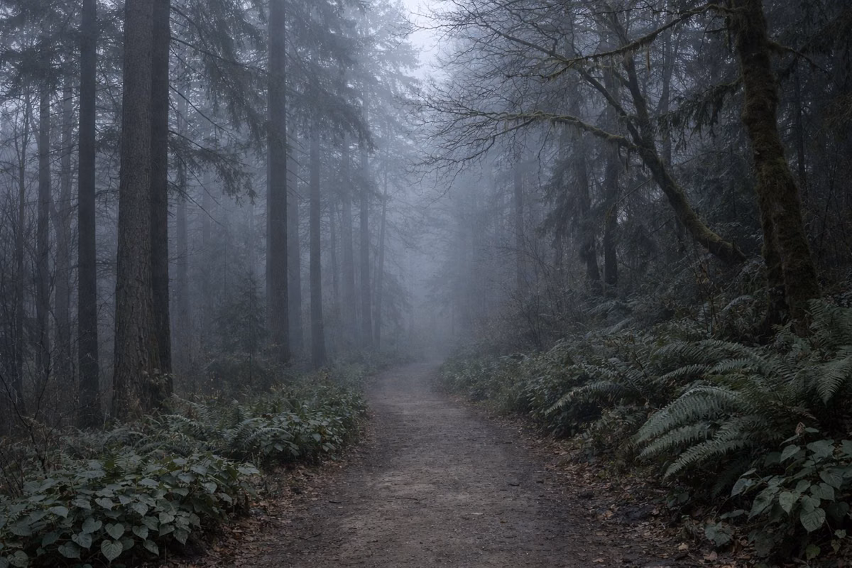 A quiet forest path at dawn in light fog, tall evergreen trunks fading into the mist