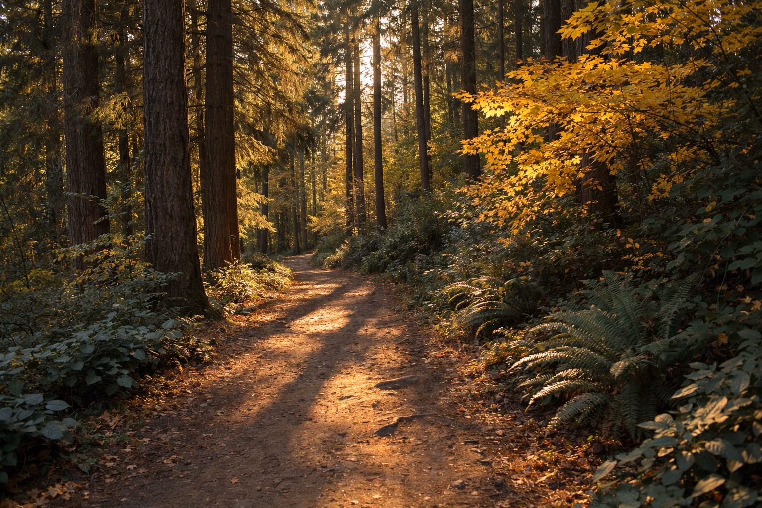 A forest trail in low golden late-afternoon light, long shadows across the dirt path, maples turning yellow among conifers
