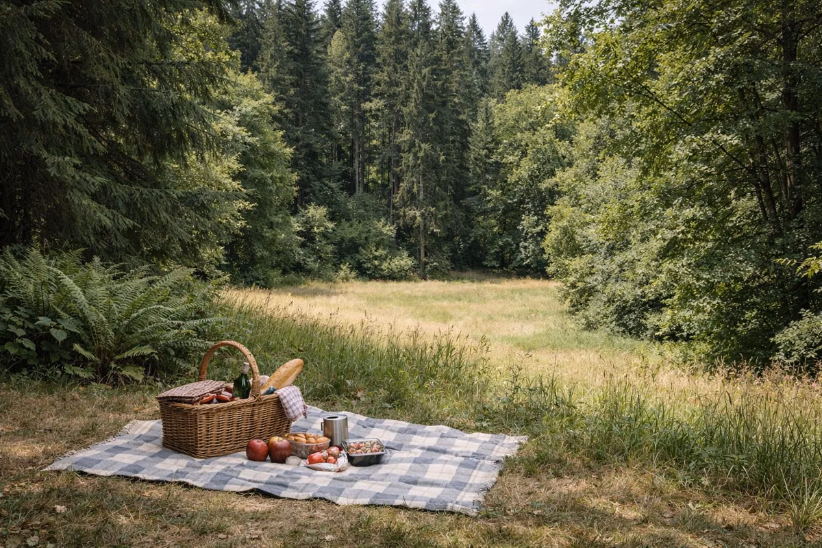A picnic blanket with a basket on grass at the edge of a forest meadow