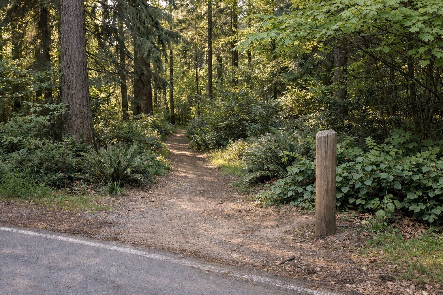 A trail entrance from a park road into a mixed forest, a wooden post marking the path, morning light
