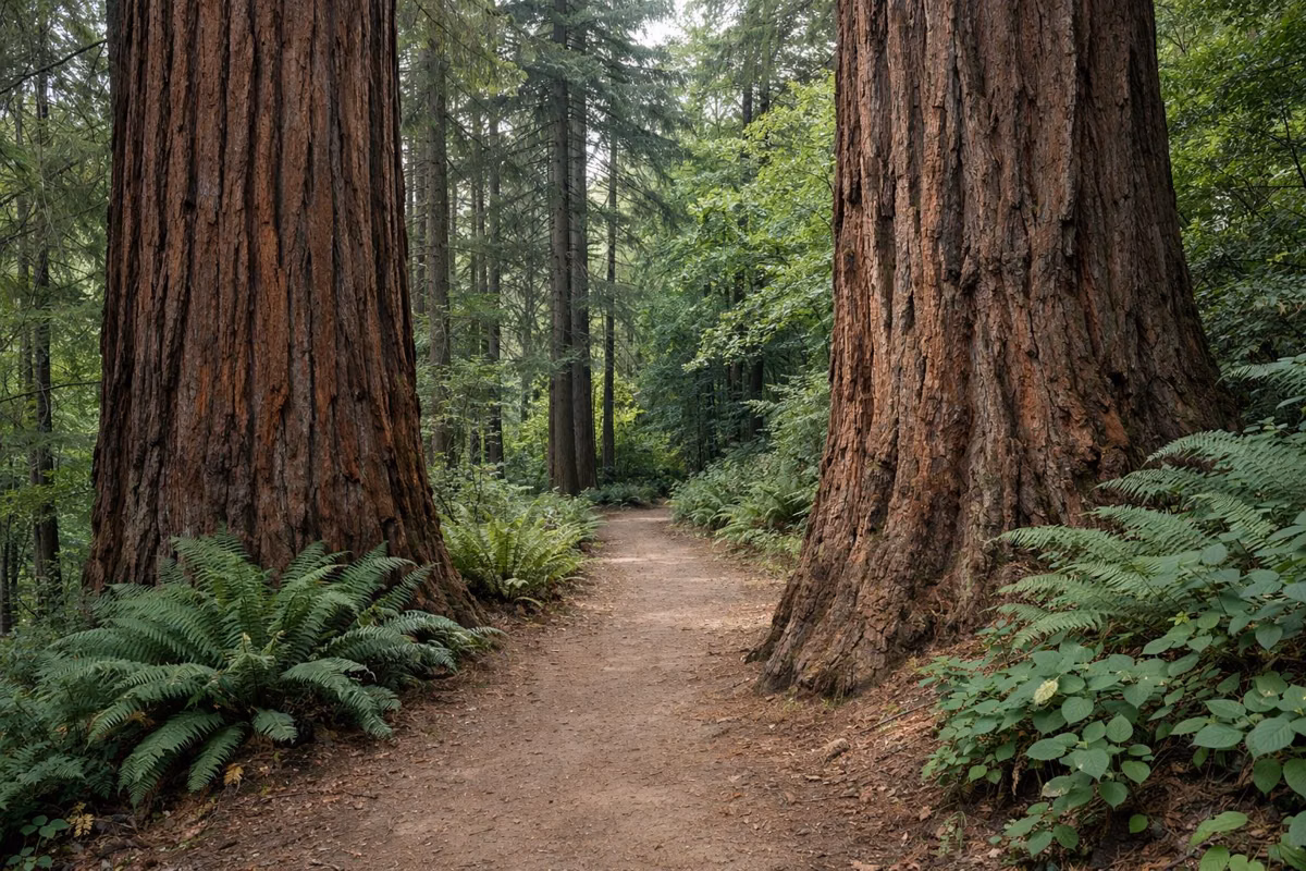 Massive reddish redwood and giant sequoia trunks beside a dirt trail, ferns at their base, soft light from above