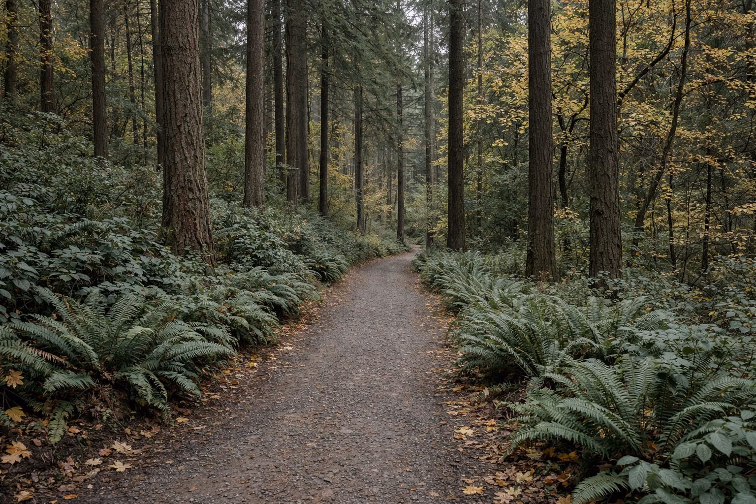 A quiet gravel forest trail with tall straight conifer trunks and a fern understory, no people