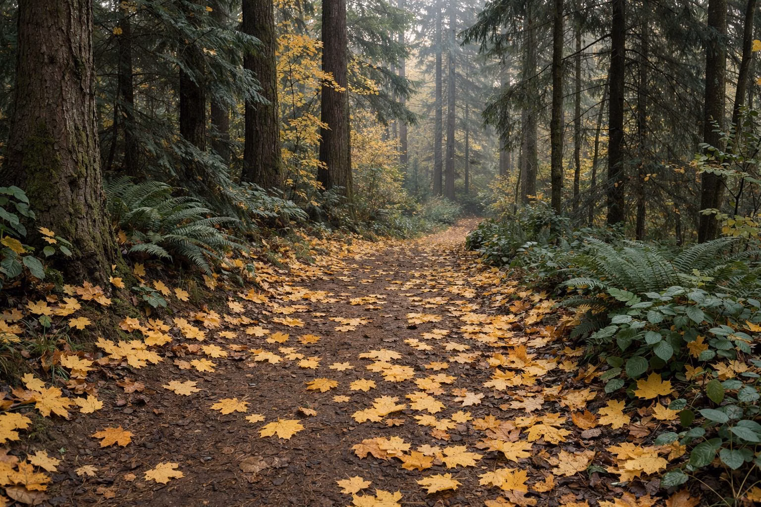 Fallen yellow maple leaves on a dirt forest trail with evergreens behind