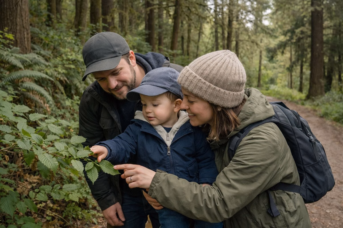 A family with a young child looking at leaves on a low branch beside a forest path