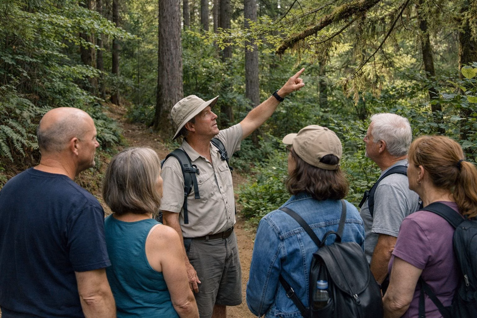 A small group of adults on a forest trail listening to a guide in a sun hat who points at a tree branch