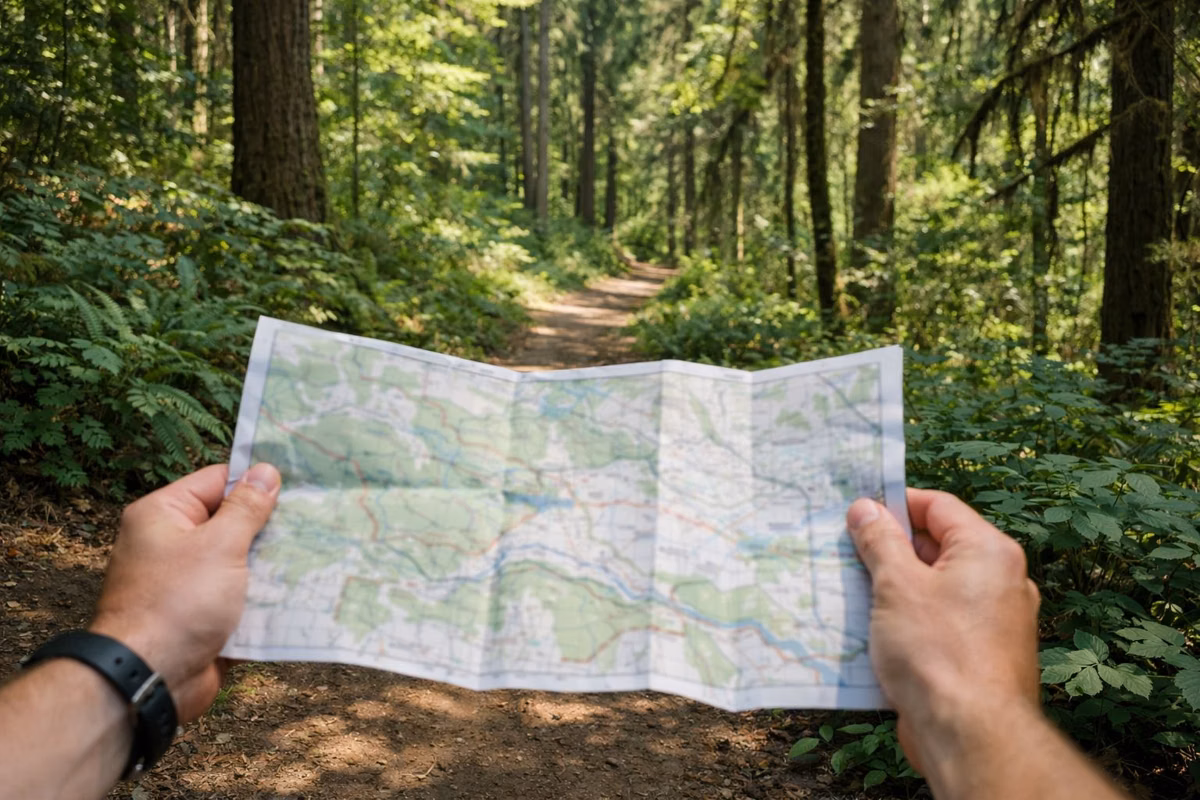 A hiker's hands holding a folded paper trail map open over a forest path, map details out of focus
