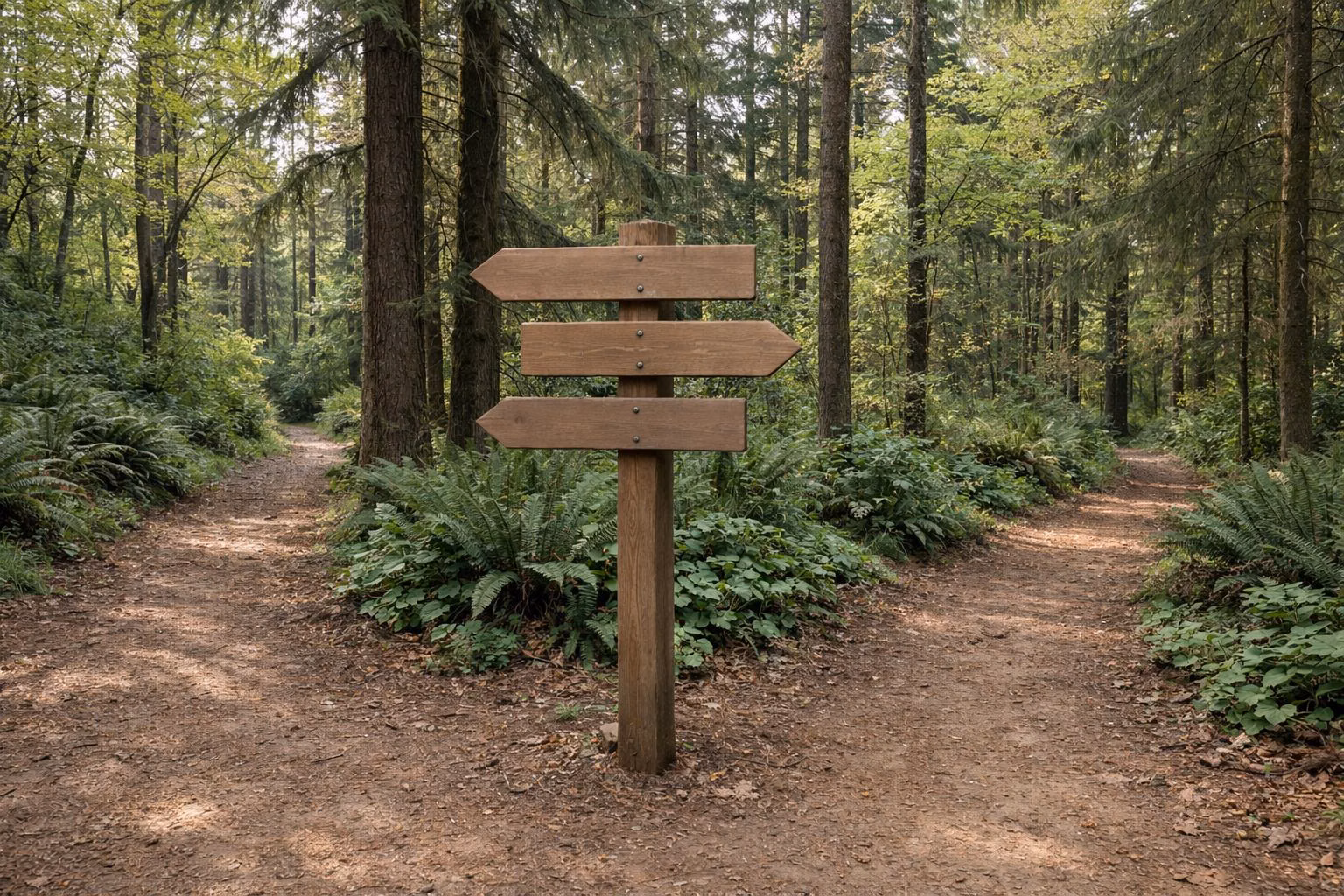 A trail junction in a forest with a plain wooden signpost with blank arrow boards, three dirt paths branching into conifers