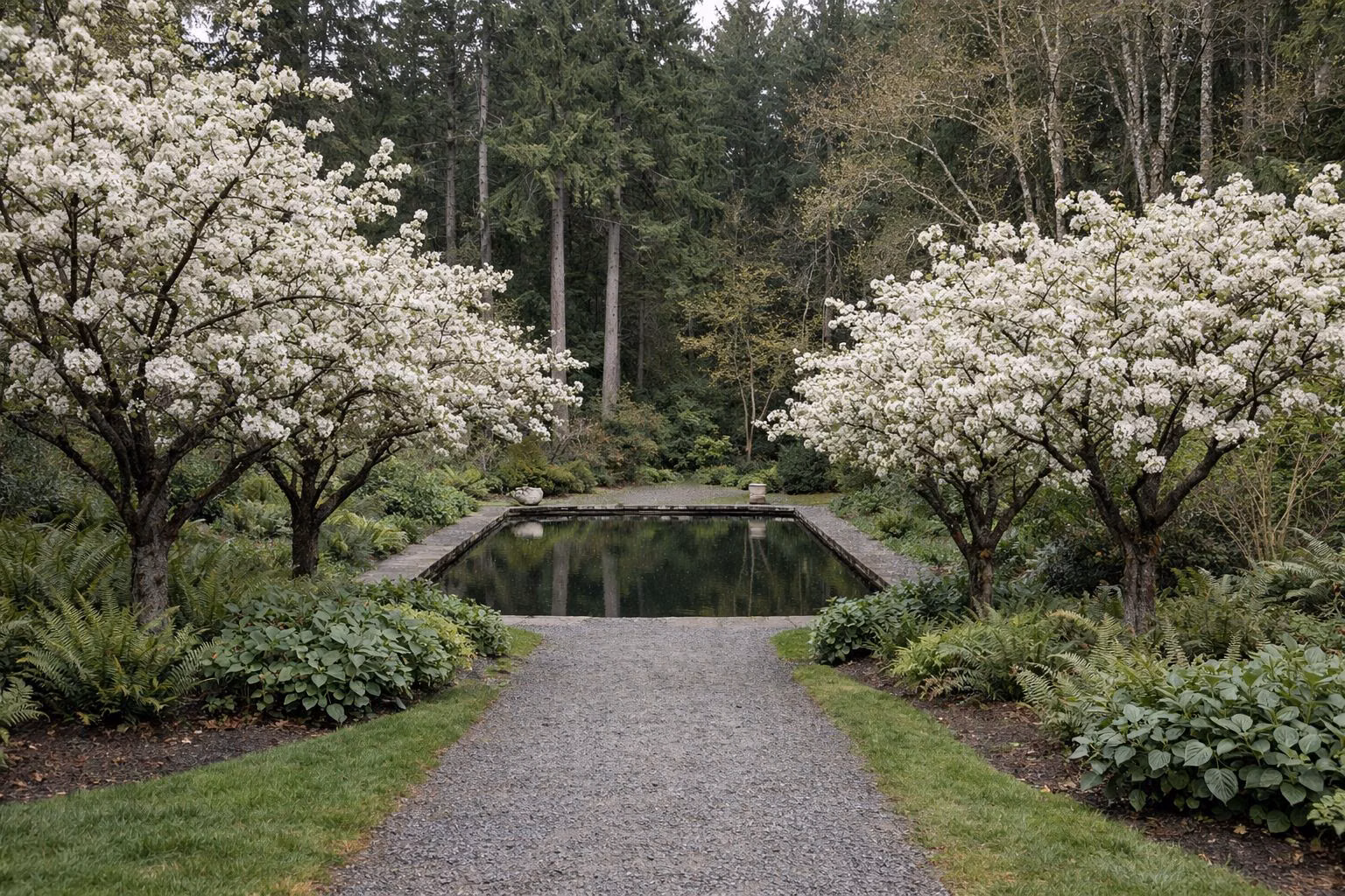 A quiet garden path lined with flowering pear trees leading toward a still pool of water, evergreen forest behind