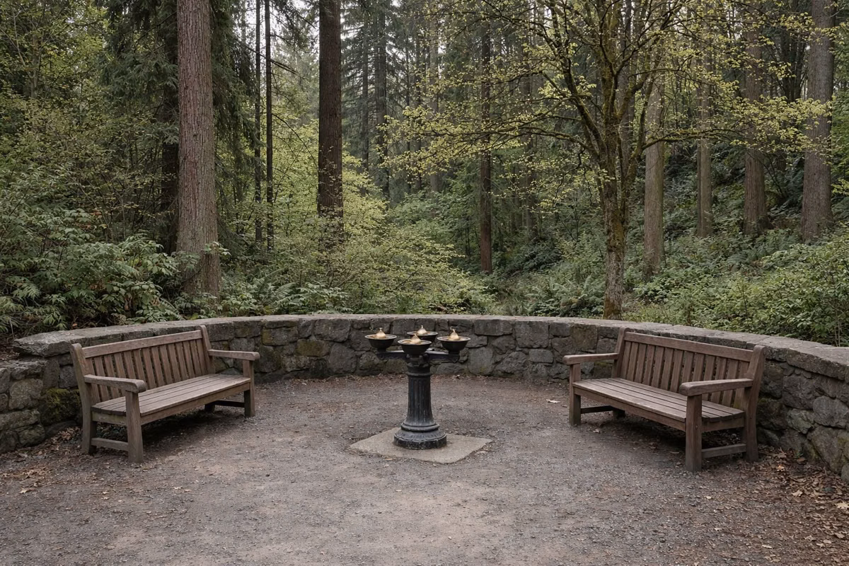 A courtyard with two wooden benches, a low stone wall and a drinking fountain under tall trees