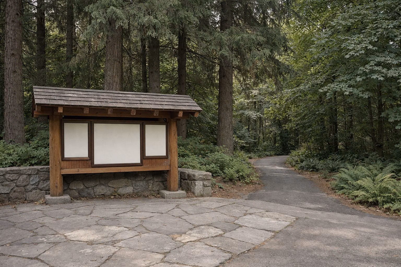 A wooden information kiosk with blank panels at the edge of a stone courtyard, tall conifers behind, a paved path leading into the forest
