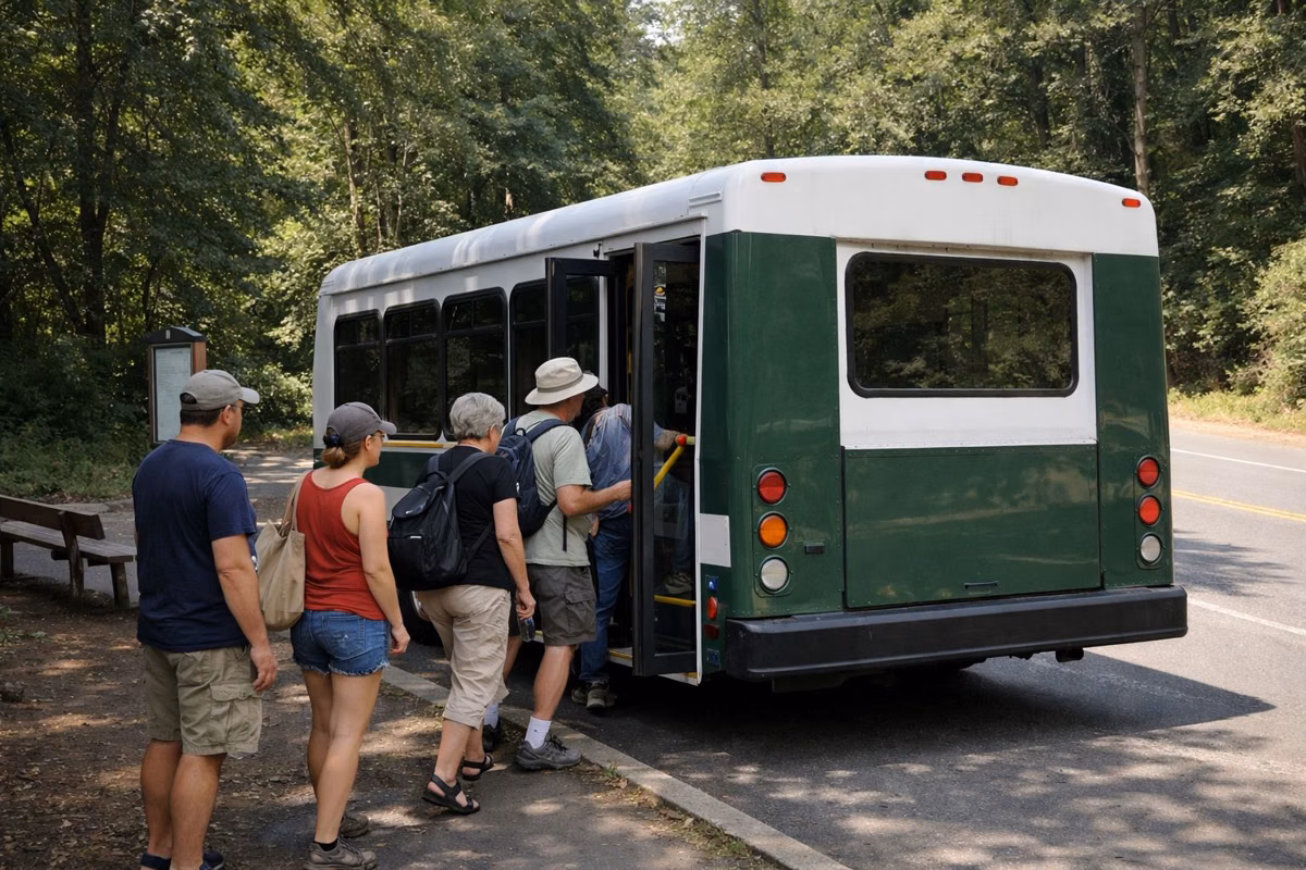 A small park shuttle bus at a stop beside a forested park road, a few passengers boarding