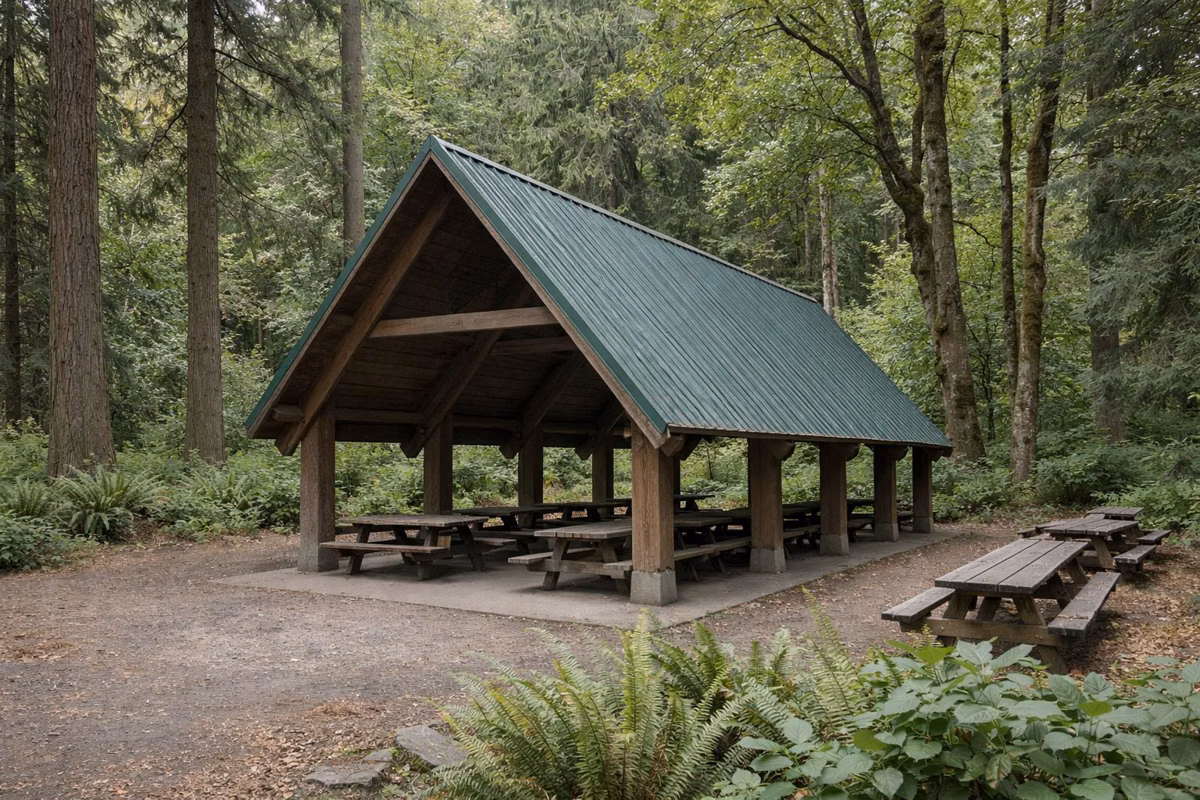 An A-frame timber picnic pavilion with a green roof and picnic tables, set among tall trees