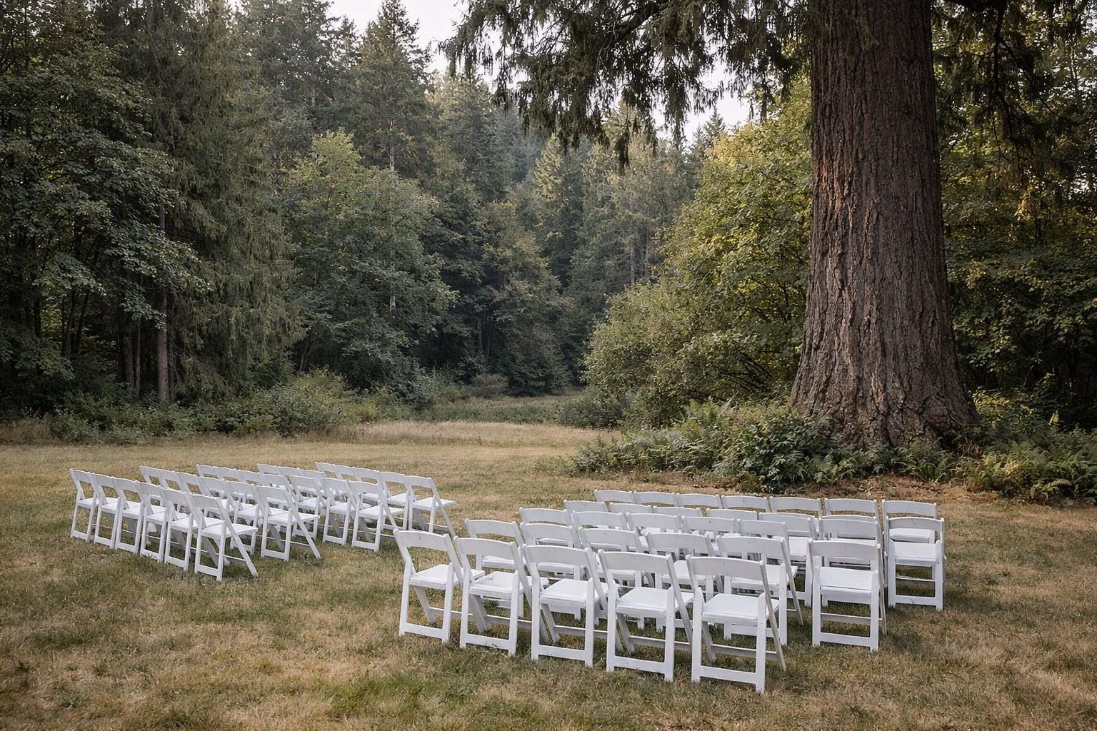 An open, gently rolling green meadow in a forest clearing with rows of white folding chairs set up for a small outdoor ceremony, a huge Douglas-fir at the edge
