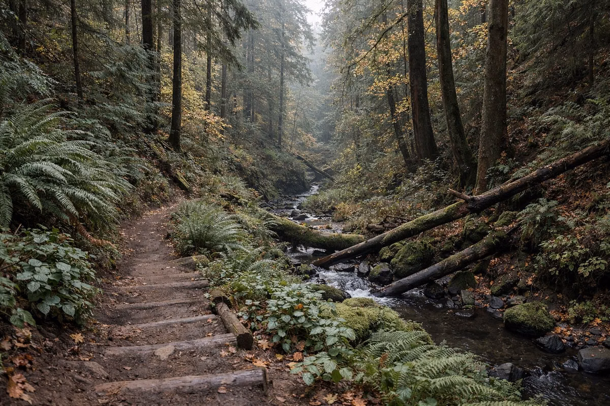 A forest trail descending through a ravine with a small creek below, ferns and mossy logs