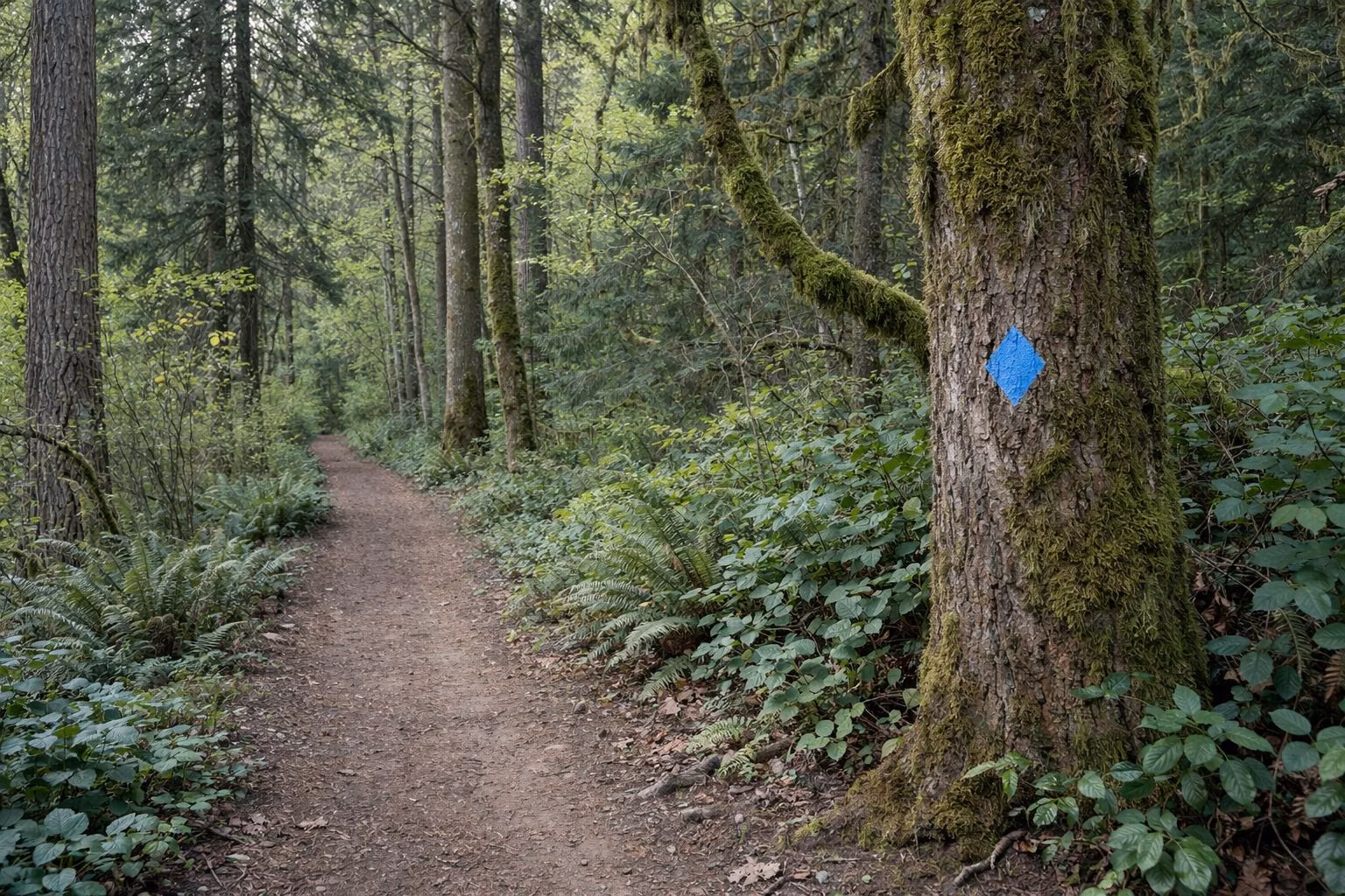 A long natural-surface trail through a lush green Pacific Northwest forest, moss on the trees, a small blue diamond trail marker painted on a trunk
