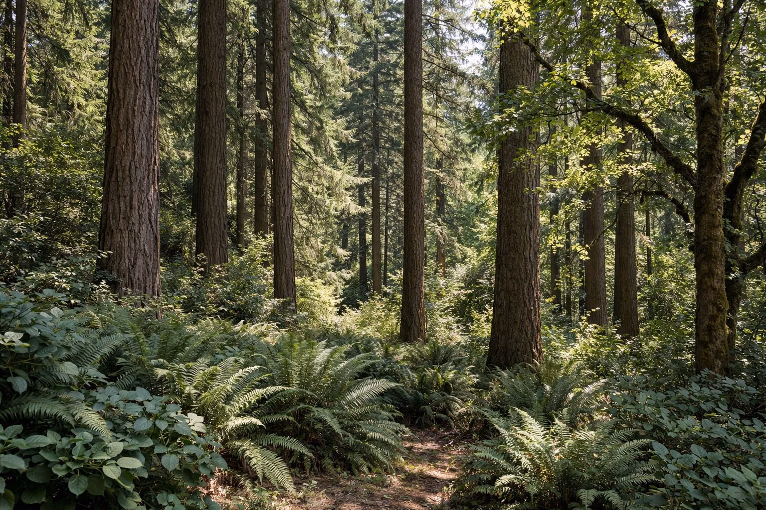 Tall old Douglas-fir trunks in a sunlit forest with a fern understory