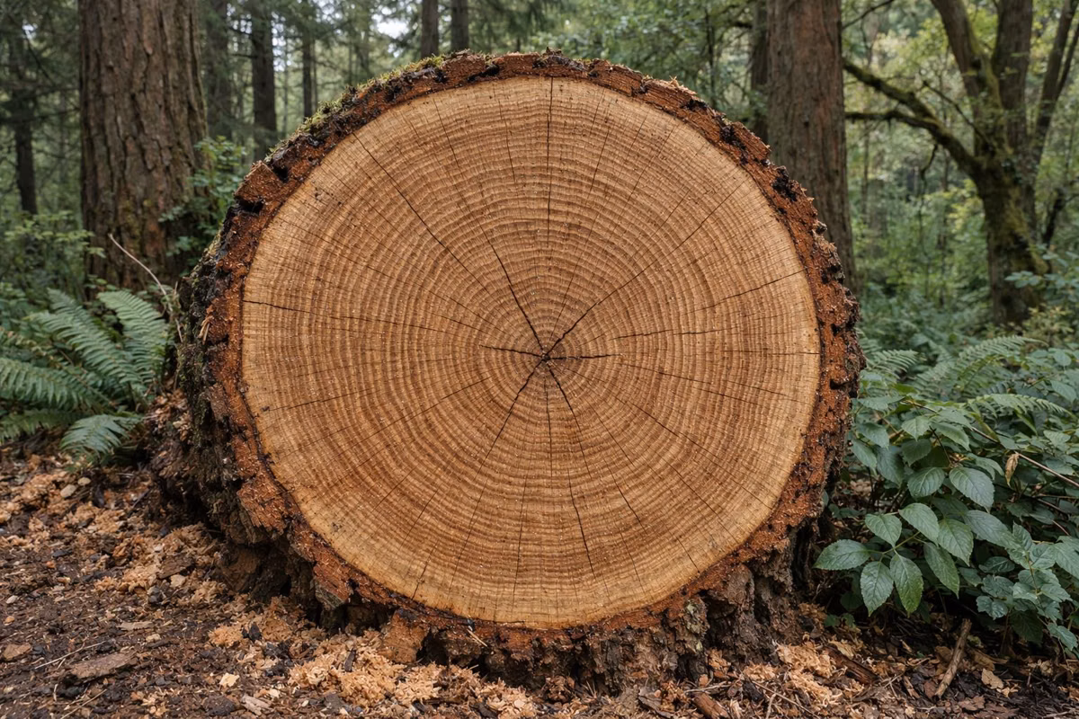 Close view of a large sawn tree-trunk cross-section showing its growth rings